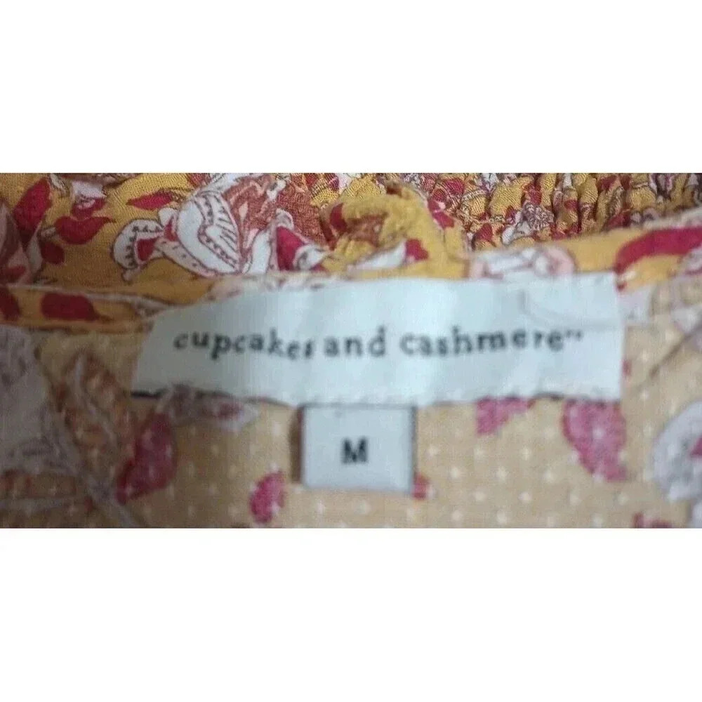 Cupcakes and Cashmere Smocked Floral Blouse Yellow Balloon Sleeve Boho Medium - Picture 3 of 4